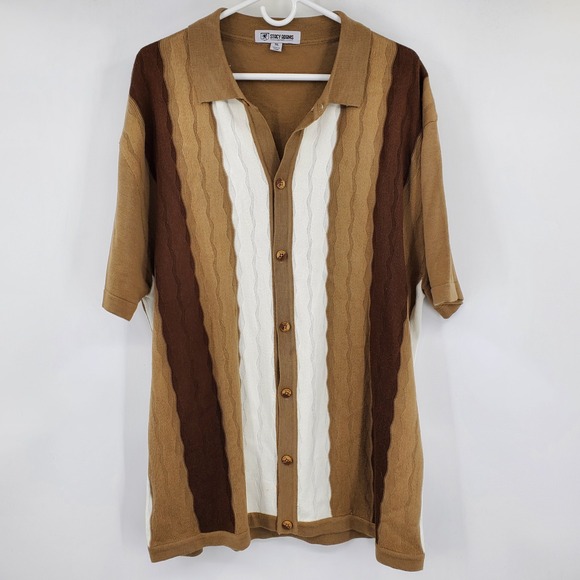 Stacy Adams Other - Stacy Adams 3XL Brown Tan Striped Button Front Knit Polo Sweater Short Sleeve